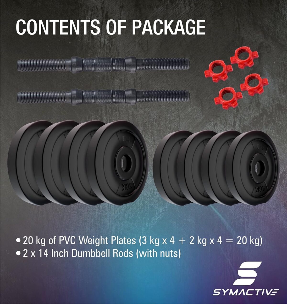 Symactive Pvc 20 Kg Adjustable Dumbbells Fitness Kit For Full Body Workout (2 Kg X 4 + 3 Kg X 4 Kg Pvc Weight, One Pair 14'' Dumbbell Rods&Nuts),Black - Image 3